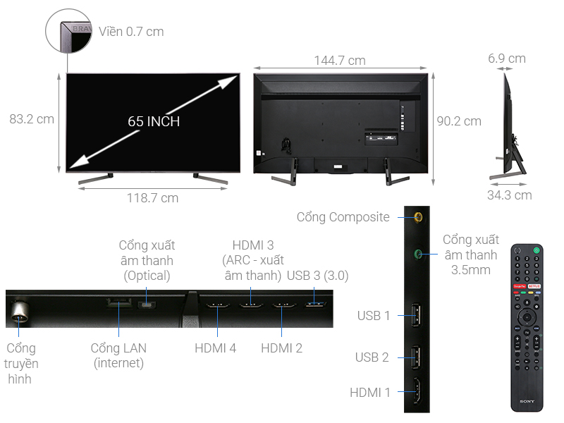 kích thước Smart Tivi Sony 4K 65 inch 65X9500G