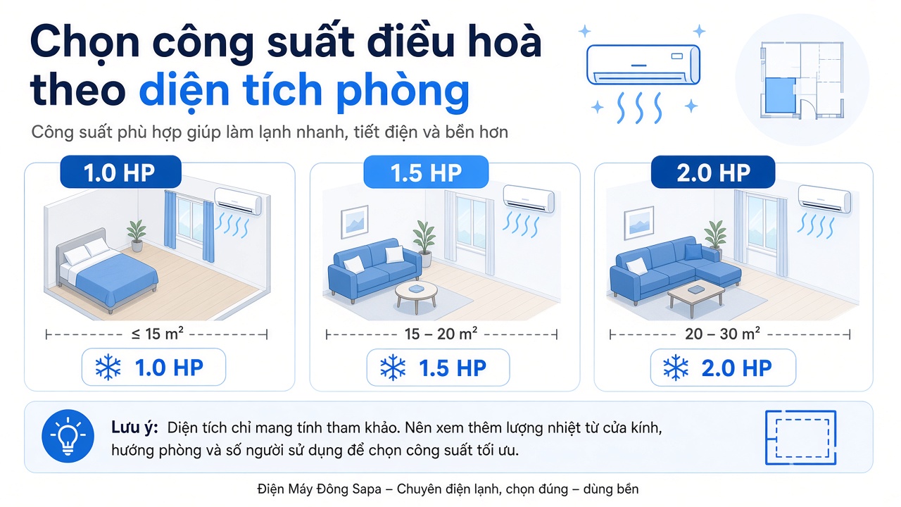 Bảng chọn công suất máy lạnh theo diện tích phòng