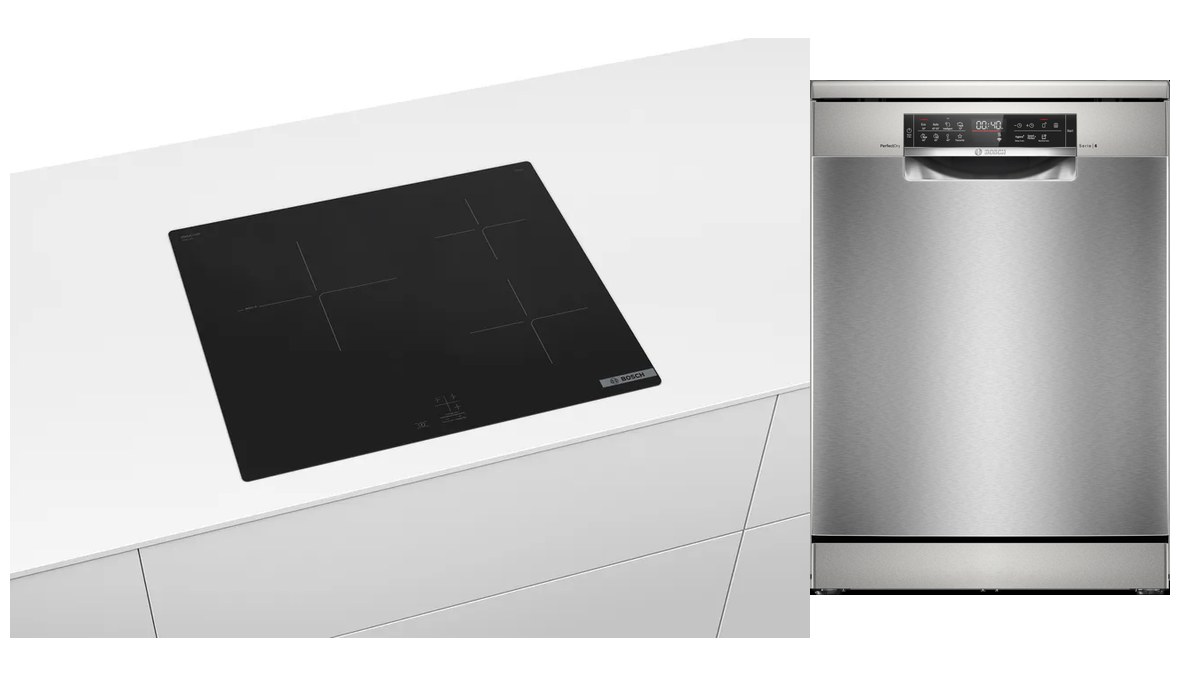 Ảnh ghép bếp từ Bosch PUC61KAA5E lắp trên mặt bếp và máy rửa bát độc lập Bosch SMS6ZCI00P