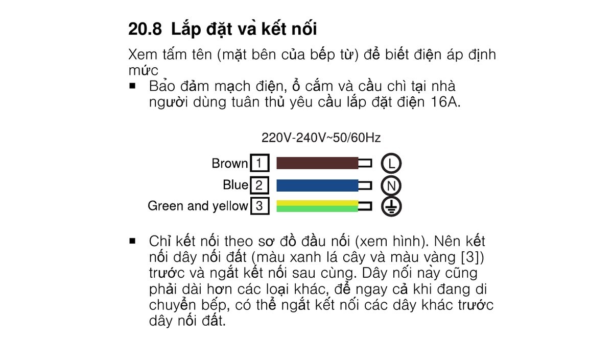 Trích sách lắp đặt Bosch PPI8256: yêu cầu điện 16A và sơ đồ đấu dây nâu, xanh dương, xanh lá vàng