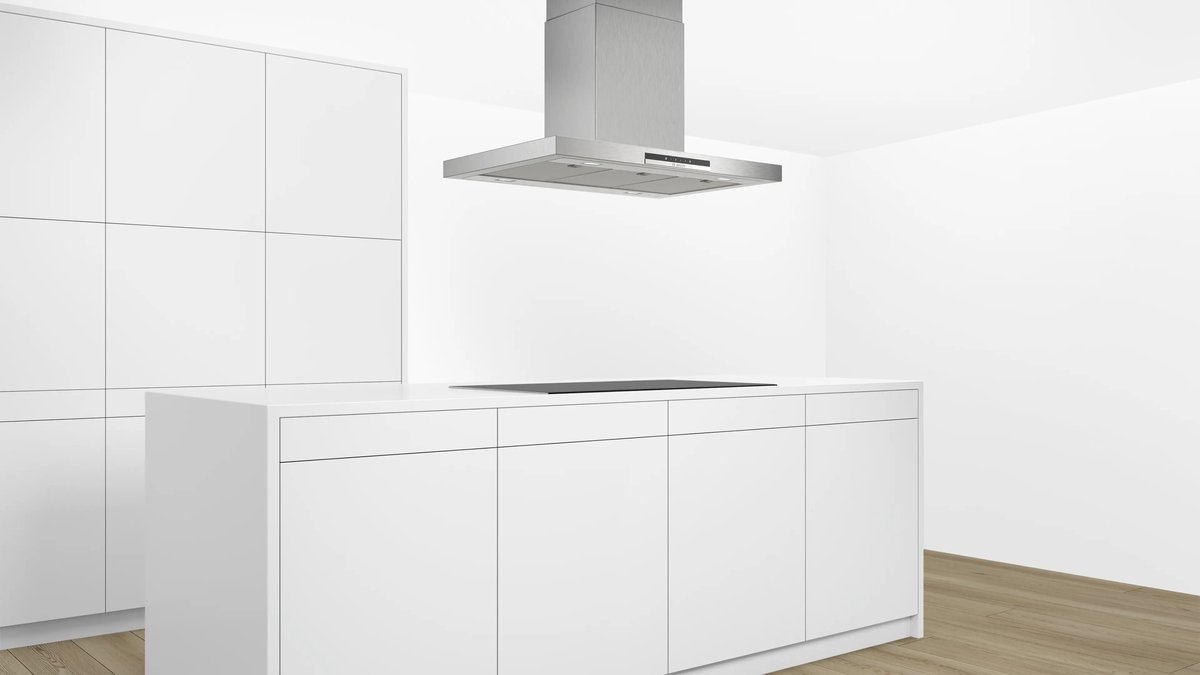 Máy hút mùi đảo Bosch DIB97IM50 treo trần phía trên bàn đảo có bếp từ