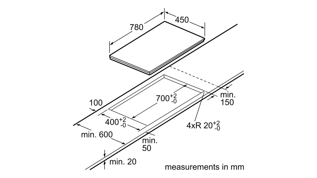 Bản vẽ lắp đặt của Bosch cho bếp từ đôi PPI82560: lỗ khoét 700 x 400 mm trên mặt bếp